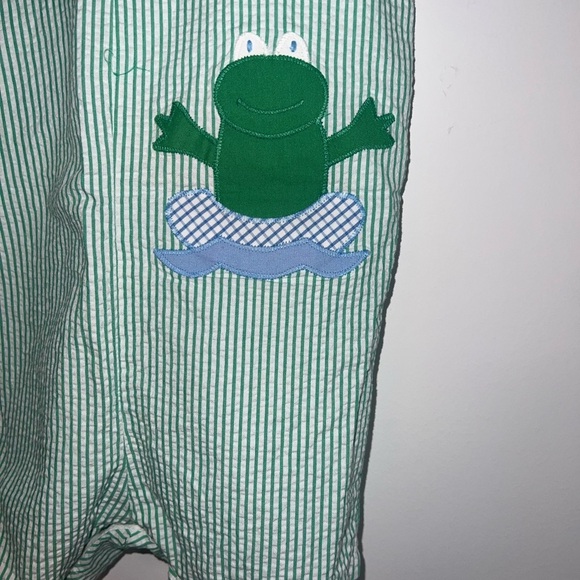 Vintage Green Striped Baby Romper with Frog Patch - Picture 3 of 9